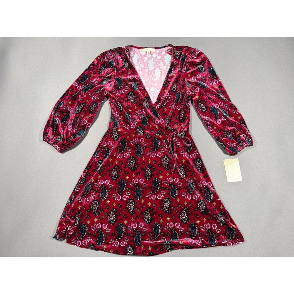 NWT Bebop Red Crushed Velvet Paisley Wrap Mini Dress Long Sleeve Sz M Bohemian
